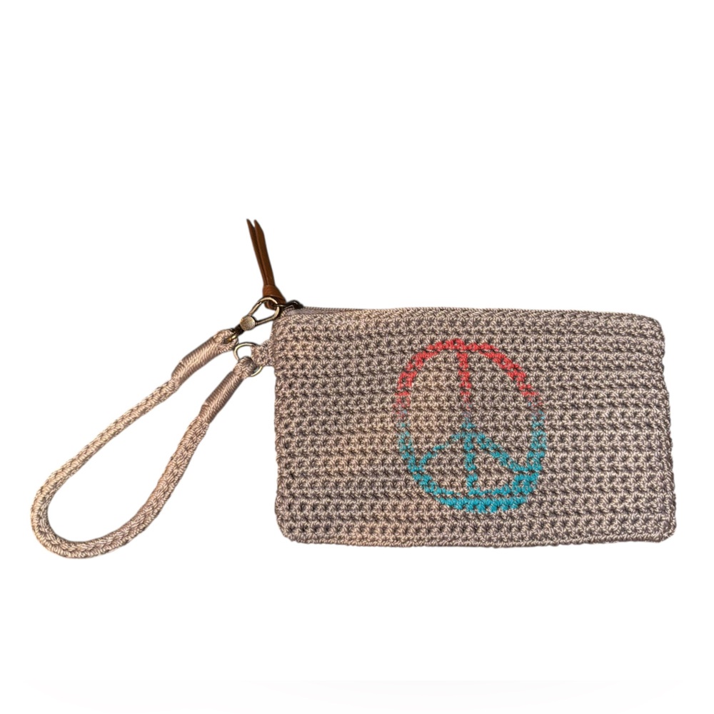 THE SAK Neutral Woven Gray Wristlet with Colorful Peace Sign Symbol Mini Bag